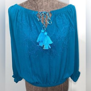 Agua Bendita off the shoulder blouse w/tassels